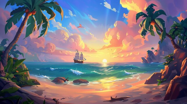 Beautiful hand-painted cartoon illustration of the sunset over the sea