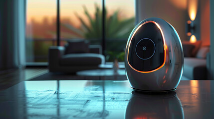 Poster - Design a sleek, futuristic smart home device, incorporating holographic interfaces and metallic finishes for a high-tech aesthetic. Generative AI.