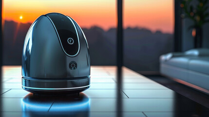 Poster - Design a sleek, futuristic smart home device, incorporating holographic interfaces and metallic finishes for a high-tech aesthetic. Generative AI.
