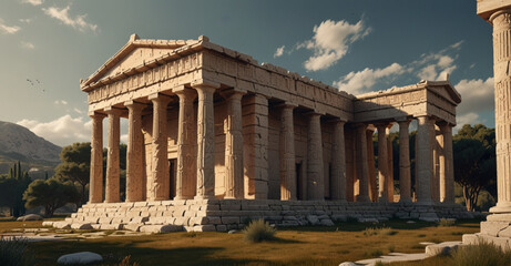 Greek temple, complete with columns and friezes, set in a serene landscape