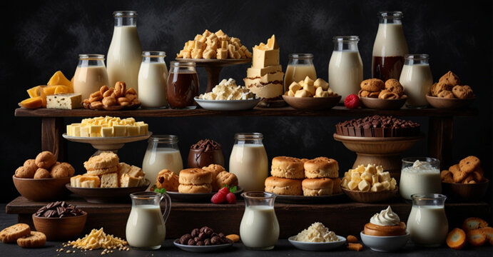 Favorite dairy products and frozen desserts, set against a dark and dramatic background.