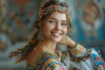 Wall Mural - Young Russian women wearing ethnic costumes