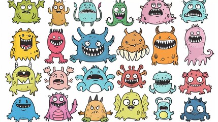 Wall Mural - Tiny little doodle monsters with cheerful faces and emotions. Modern illustration for kids. All elements are isolated.