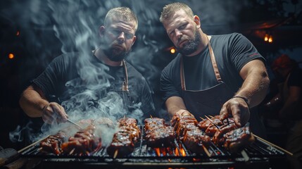 Wall Mural - Two brutal men and a large barbecue with meat on a black background. Generative AI.