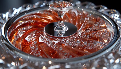 Close up of a crystal sugar bowl with swirling sugar and droplets of water.