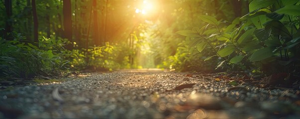 Poster - A serene forest path bathed in the warm glow of the setting sun, surrounded by lush green foliage and vibrant natural beauty.