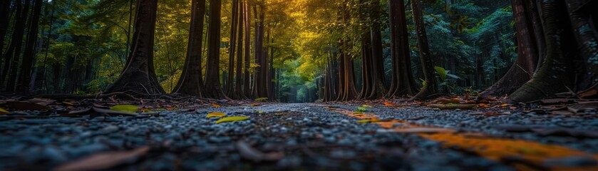 Poster - A serene forest pathway with sunlight peeking through tall trees, creating a tranquil and peaceful ambience ideal for nature lovers.