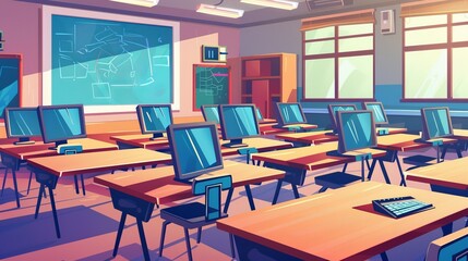 Wall Mural - A cartoon illustration of an empty high school college university computer science classroom. The motif is an interior room with objects, a desk board, a chair, a monitor board, and books. The