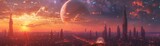 Scifi cityscape with towering buildings and interstellar travel portals, under a celestial twilight, evoking a sense of discovery