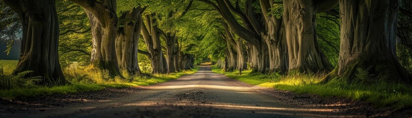 Poster - Dramatic tree-lined path with sunlight filtering through, creating a scenic and enchanting natural tunnel under the canopy of lush greenery.