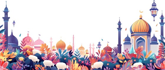 Wall Mural - Vibrant Eid al Adha with Ornamental Mosque Architecture and Scenic Landscape