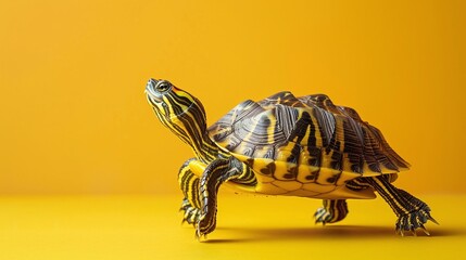 Wall Mural - D'Orbigny's slider or the black-bellied slider, tiger turtle  on yellow background, animal photography