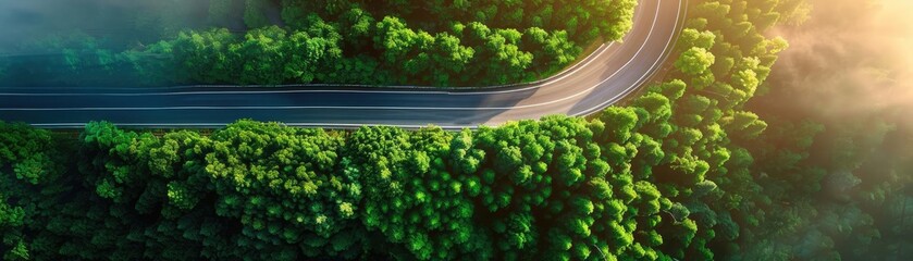 Poster - Aerial view of a winding road through lush green forest with sunlight breaking through clouds, capturing nature's beauty and tranquility.