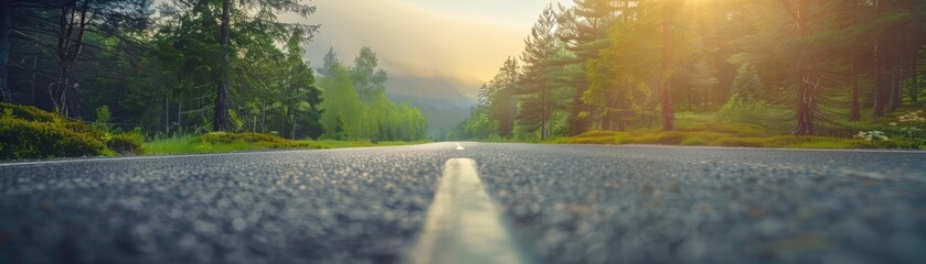 Poster - A serene, empty road through a lush green forest at sunrise, with soft light breaking through the trees and creating a peaceful ambiance.