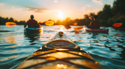 Wall Mural - people kayaking on a river at sunset 