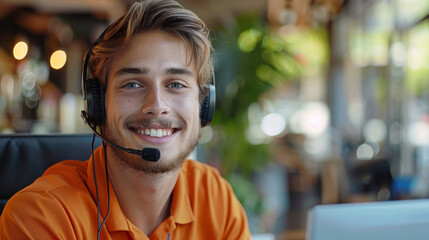 Sticker - A happy white male support person on a headset wearing an orange shirt. Generative AI.