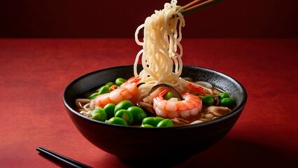 Wall Mural - Tasty delicious udon ramen with shrimps and green edamame beans on red background taken by chopsticks. Beautiful asian noodles food meal photography illustration wallpaper concept.