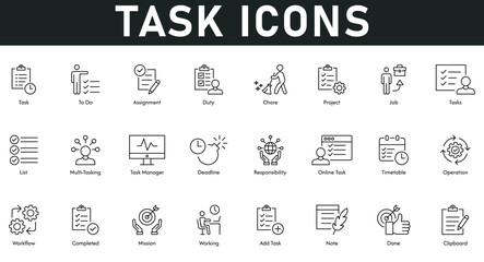 task icons vector illustration with thin line editable stroke containing assignment, duty, chore, pr