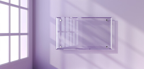 Wall Mural - Rectangular name plate in glass on a pale lavender wall, isolated transparent background, realistic 3D vector