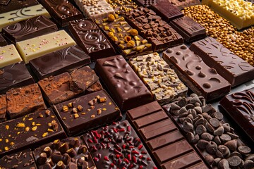 Aufkleber - A variety of chocolate bars in different flavors and types neatly arranged on a table. Generative AI
