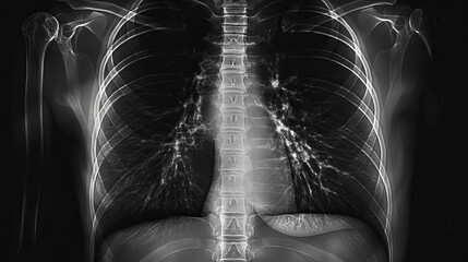 Wall Mural - A clinical Xray depicting obstructive lung disease, showing bones and ligaments to provide precise information for a thorough medical assessment
