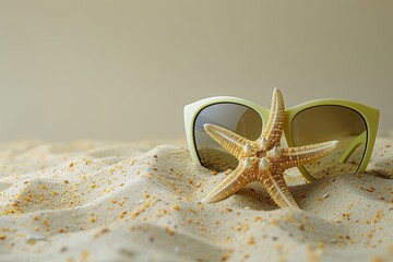 Wall Mural - Glasses and starfish placed on the beach