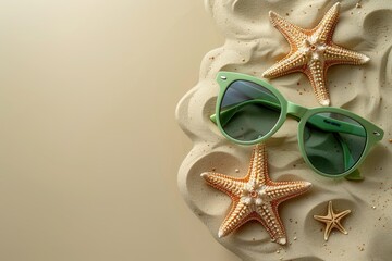 Wall Mural - Glasses and starfish placed on the beach