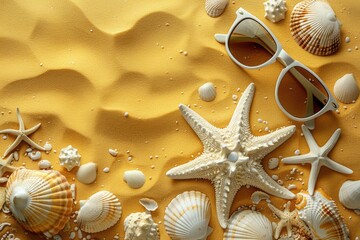 Wall Mural - Glasses and starfish placed on the beach