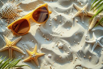 Wall Mural - Glasses and starfish placed on the beach