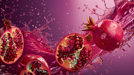 Wall Mural - pomegranate with juice splash on purple background 