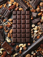 Aufkleber - A bar of chocolate surrounded by nuts and chocolate pieces, creating a textured and appetizing display. Generative AI