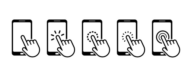 Poster - hand touch screen smartphone icon. click on the smartphone. electronic device icon
