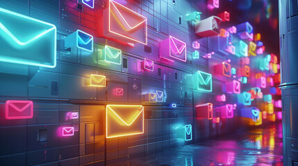 Aufkleber - A 3D digital mailbox overflowing with colorful, glowing emails. Each email springs to life. Generative AI.