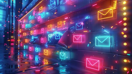 Aufkleber - A 3D digital mailbox overflowing with colorful, glowing emails. Each email springs to life. Generative AI.
