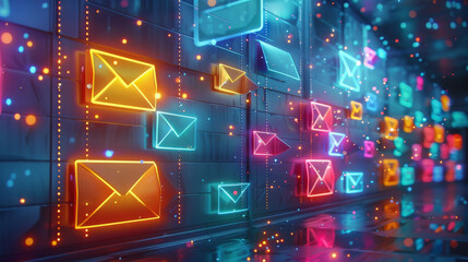 Aufkleber - A 3D digital mailbox overflowing with colorful, glowing emails. Each email springs to life. Generative AI.