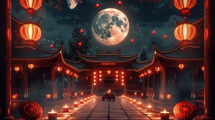 Wall Mural - A traditional Chinese courtyard at night. The courtyard is illuminated by moonlight, with a long table in the center adorned with red candles and traditional Chinese fans. Generative AI.