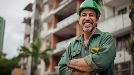 a man working at the entrance of a condominium he is smiling with a competent face.