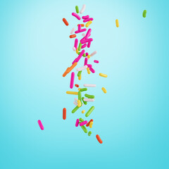 Wall Mural - Colorful Sprinkles For Cakes And Bakery Items Falling From Top On cyan Background 3D Illustration