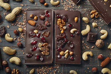 Wall Mural - Two chocolate bars topped with nuts and chocolate pieces, arranged on a table with high detail and rich textures. Generative AI