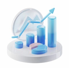 Poster - flying composition 3d icon, UI icon, a chart icon, bar chart has a rising arrow on it, bar chart, pie chart, a rising arrow, blue and white, AI Generative