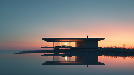 Wall Mural - A minimalist house at twilight, its silhouette sharply defined against a gradient sky 