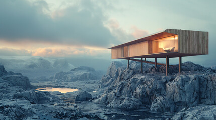 Wall Mural - A minimalist house built on stilts, elevated above a rugged, rocky landscape. 