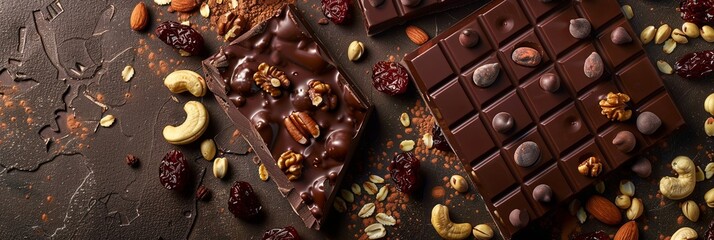 Aufkleber - A gourmet chocolate bar topped with a variety of nuts and cranberries, showcasing rich textures and natural ingredients. Generative AI