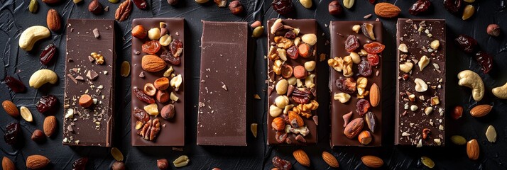 Aufkleber - A row of chocolate bars topped with nuts and dried fruits, showcasing rich textures and natural ingredients. Generative AI