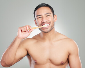 Sticker - Dental, portrait and man with toothbrush in studio for oral hygiene, wellness or teeth whitening on white background. Mouth, body and hand of model for toothpaste, self care or morning routine