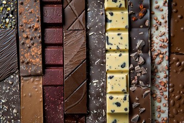 Aufkleber - Close up view of a variety of chocolate bars in different flavors and types, neatly arranged with rich colors and high detail. Generative AI