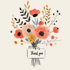 Artistic thank you card amidst a bouquet of predominantly red and pink flowers, accentuated with light touches of blue