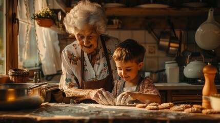 Wall Mural - Grandmother and grandson baking together in a sunlit kitchen, sharing a joyful moment surrounded by baking ingredients