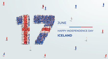 Wall Mural - Happy Independence Day Iceland. A large group of people form to create the number 17 as Iceland celebrates its Independence Day on the 17th of June. Vector illustration.