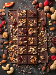 Aufkleber - A chocolate bar topped with nuts, cranberries, and dried cherries creating a visually appealing and appetizing snack. Generative AI